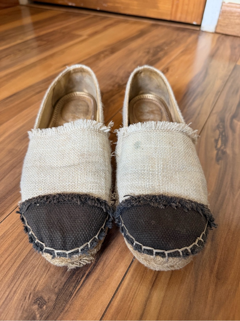 Sam Edelman Frayed Two-Tone Canvas Espadrilles in Natural and Dark Brown